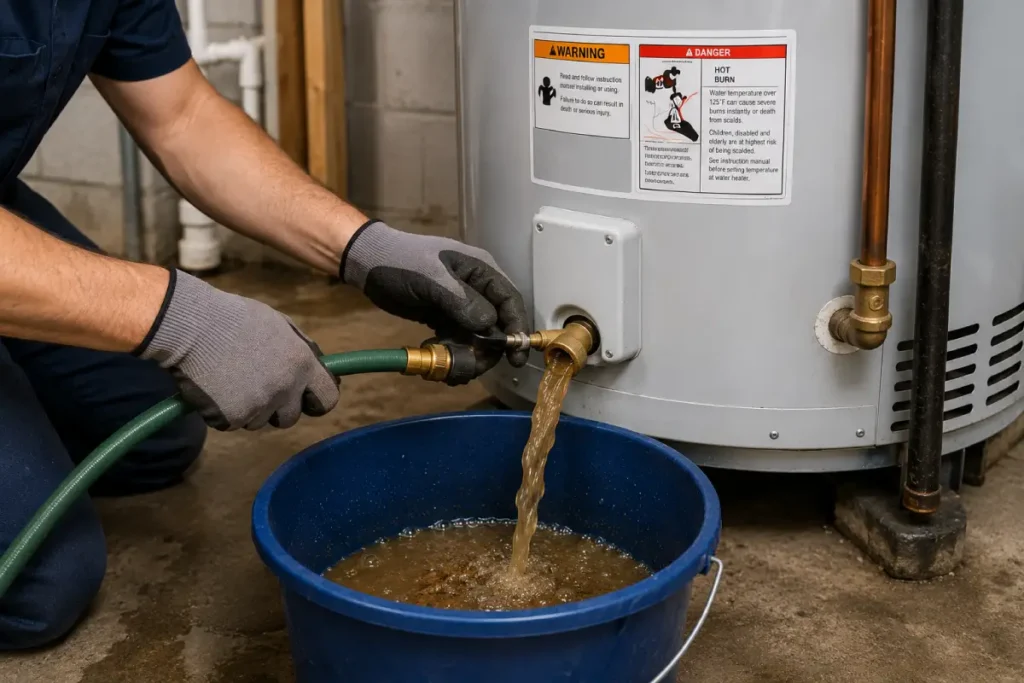 Technician flushing sediment from a residential water heater into a bucket during routine maintenance