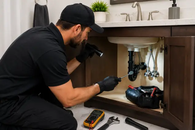 Plumber inspecting faucet supply lines and shutoff valves beneath a bathroom sink