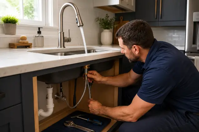 Professional plumber testing a newly installed kitchen faucet while inspecting the water supply connections beneath the sink