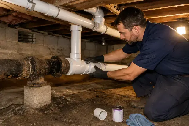 Professional plumber replacing an old cast iron drain pipe with new PVC piping in a residential crawlspace