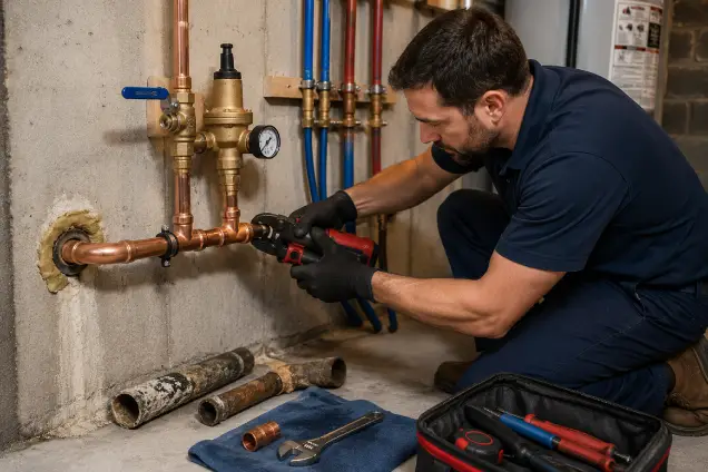 Professional plumber installing a new copper water service line with a shutoff valve and pressure reducing valve in a residential utility room