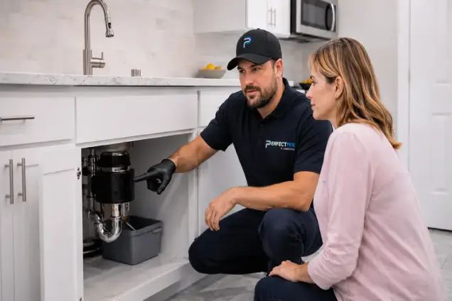 Plumber inspecting damaged kitchen water pipe for repair or replacement