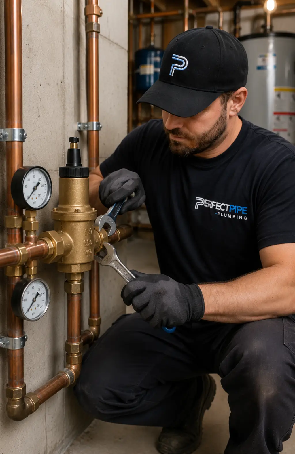 Plumber installing a pressure reducing valve on residential copper water supply pipes