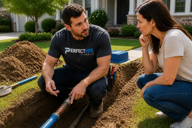 Plumber inspecting exposed underground water line while discussing repair or replacement options with homeowner