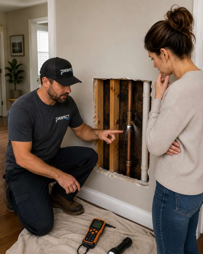 Professional leak detection inspection finds hidden plumbing leak