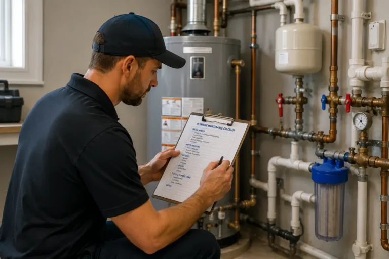 Professional plumber inspecting a residential water heater and exposed plumbing during a preventative plumbing maintenance inspection