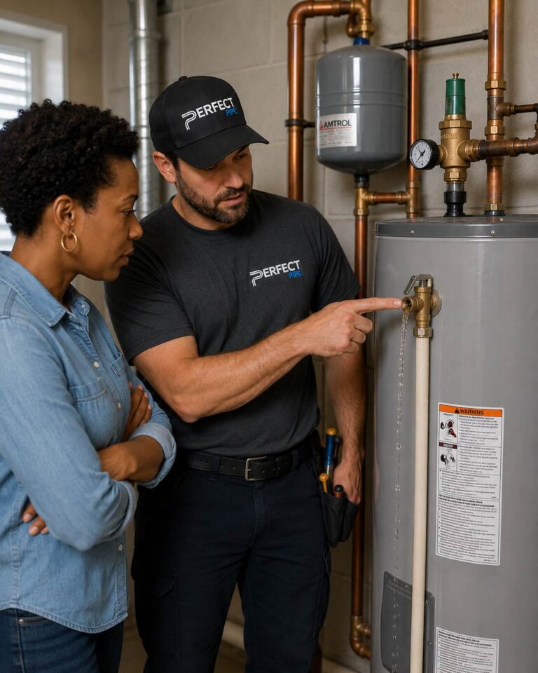 Plumber pointing to leaking water heater pressure relief valve